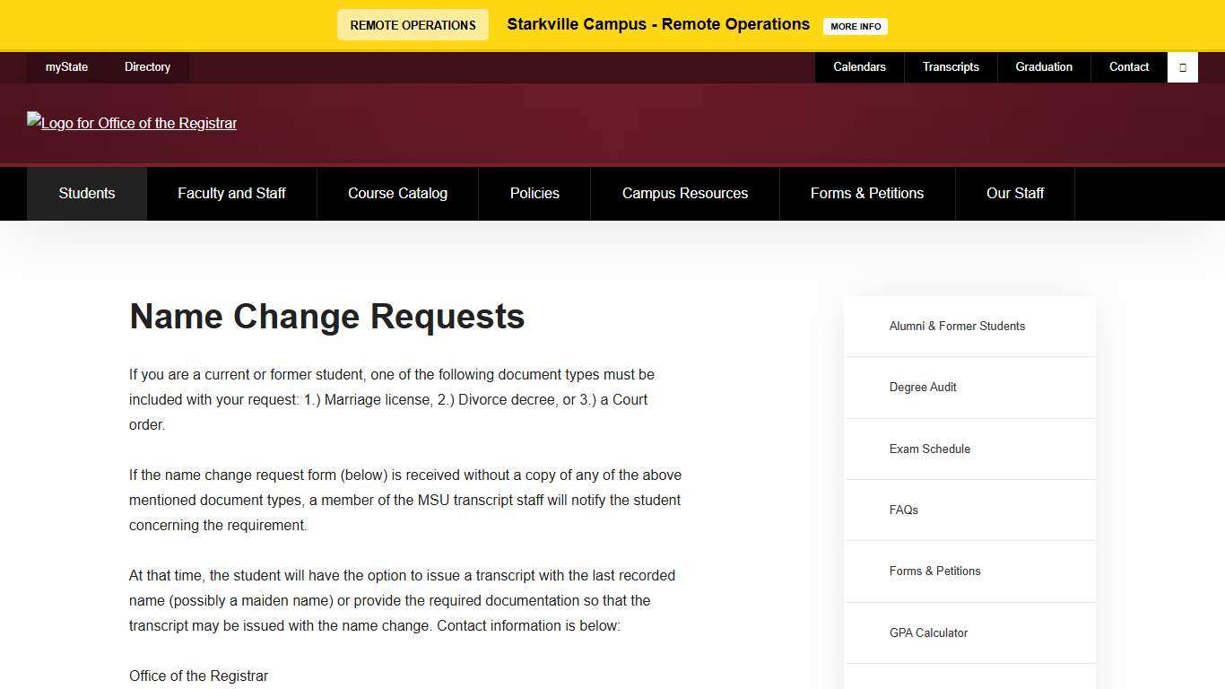 Name Change Requests Office of the Registrar